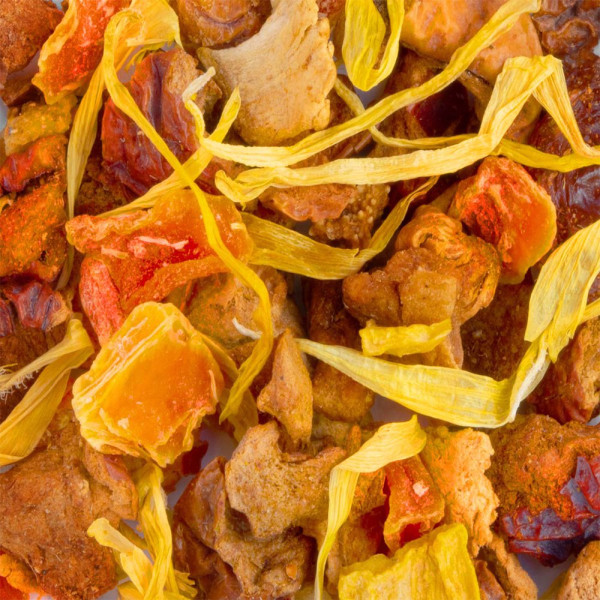 blend of dried fruits and yellow petals for panda pear herbal tea