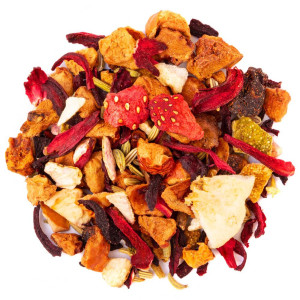 Mischung aus getrockneten Früchten, Hibiskus, Erdbeere, Apfel und Fenchel für Kräutertee für Kinder von Thés & Traditions