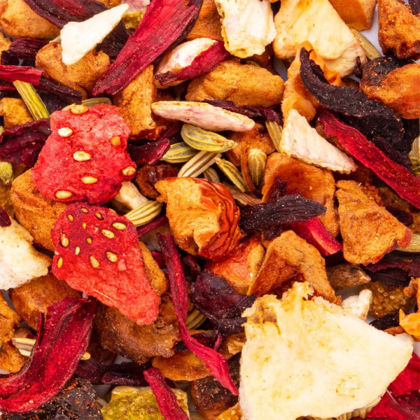 mélange de fruits séchés fraise pomme fenouil et hibiscus pour tisane des enfants