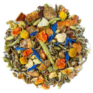 mengsel van gedroogde planten kamille sinaasappel blauwe bloemen voor slaapkruidenthee