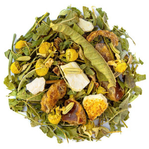 Mischung aus Kamillenkräutertee, Eisenkraut, ganzen Blättern, Blüten und Rindenstücken