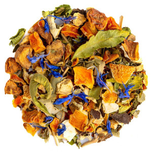 mengsel van alpenkruidenthee met stukjes citrusvruchten bladeren en blauwe bloemen