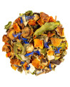 alpine herbal tea blend with citrus pieces leaves and blue flowers