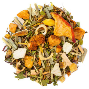 Mischung aus Kräutertee Green Point mit Fruchtstücken, Kräutern und getrockneten Pflanzen