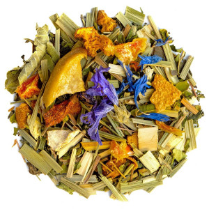 Mischung aus Kräutertee Jardin de Vénus mit Zitrusfrüchten, getrockneten Blüten und aromatischen Kräutern