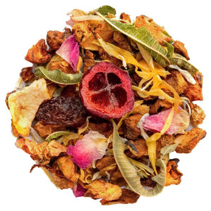Kräutertee-Mischung aus Cranberry und Zitrone mit Fruchtstücken, Blütenblättern und getrockneten Blättern