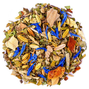 Mischung aus Ayurveda-Kräutertee Kapha mit farbigen Blättern, Blüten und Gewürzen von Thés & Traditions