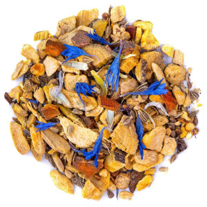 Kräutertee-Mischung Ayurveda Vata mit Gewürzstücken, Wurzeln und blauen Blüten