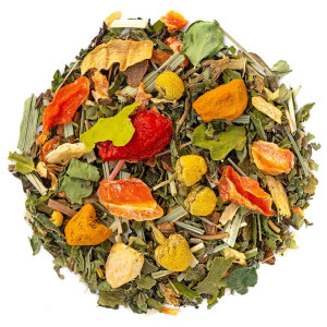 Detox-Kräutertee-Mischung mit Minze, getrockneten Blättern, Fruchtstücken und gelben Blüten