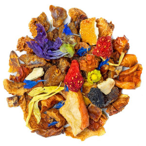 Mischung aus getrockneten Früchten Blutorange, Granatapfel und blauen Blüten für Kräutertee