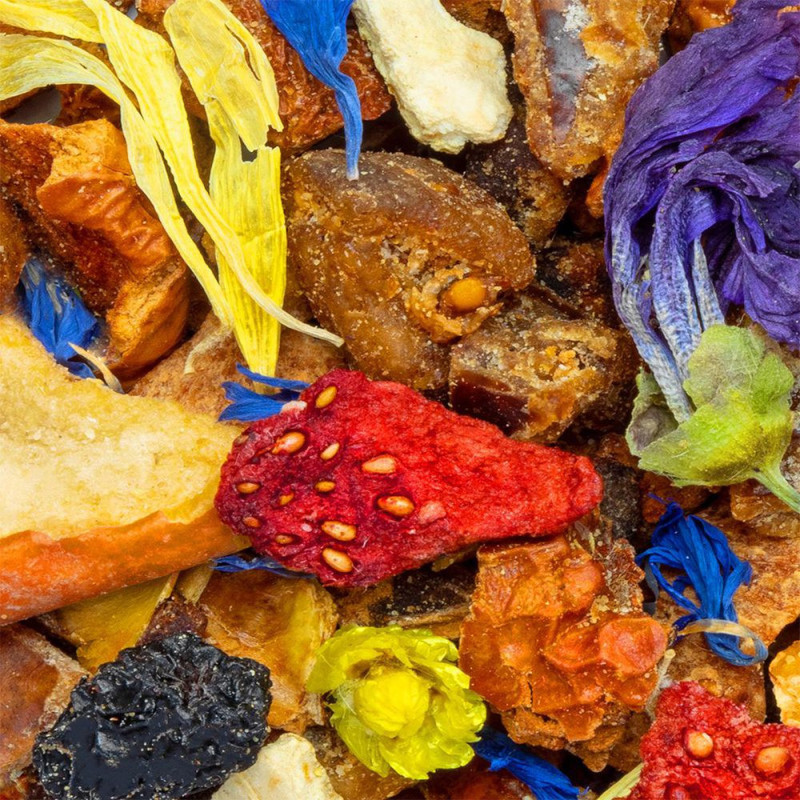 miscela di frutta secca e petali colorati per tisana arancia rossa melograno