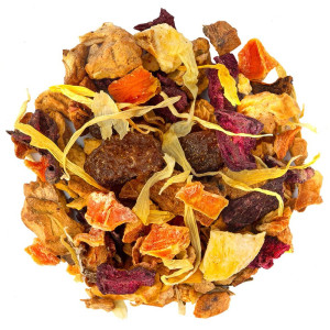Kräuterteemischung mit Mango und Passionsfrucht, getrockneten Fruchtstücken und gelben Blütenblättern