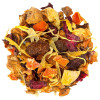 mango-passievrucht kruidentheemengsel met stukjes gedroogd fruit en gele bloemblaadjes