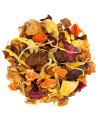 Kräuterteemischung mit Mango und Passionsfrucht, getrockneten Fruchtstücken und gelben Blütenblättern