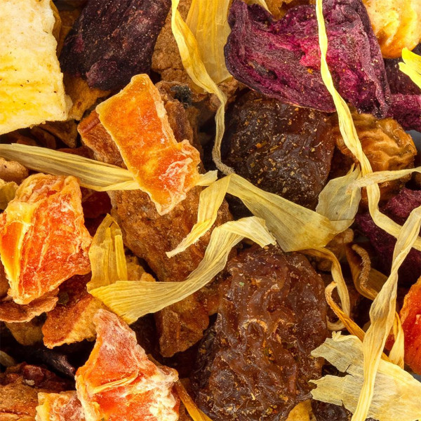 morceaux de fruits séchés mangue passion et pétales pour tisane Thés et Traditions