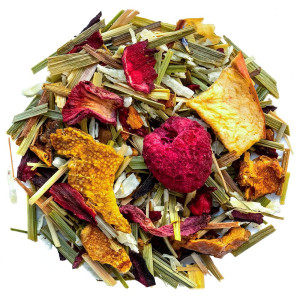 Kräutertee-Mischung mit Himbeere und Zitrone, getrockneten Fruchtstücken und aromatischen Kräutern