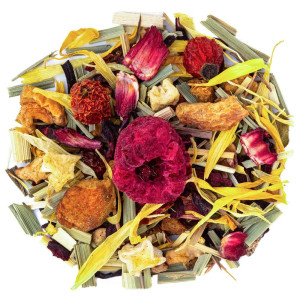 ijsframboos kruidentheemengsel met stukjes fruit bloemblaadjes en gedroogde kruiden