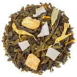 Mengsel van groene thee met stukjes ananas en gele bloemblaadjes voor fruitige en exotische infusie