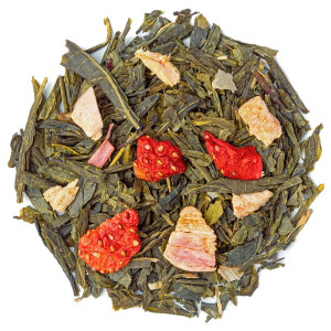 groene theemengsel met stukjes gedroogde aardbei en rabarber Thés et Traditions