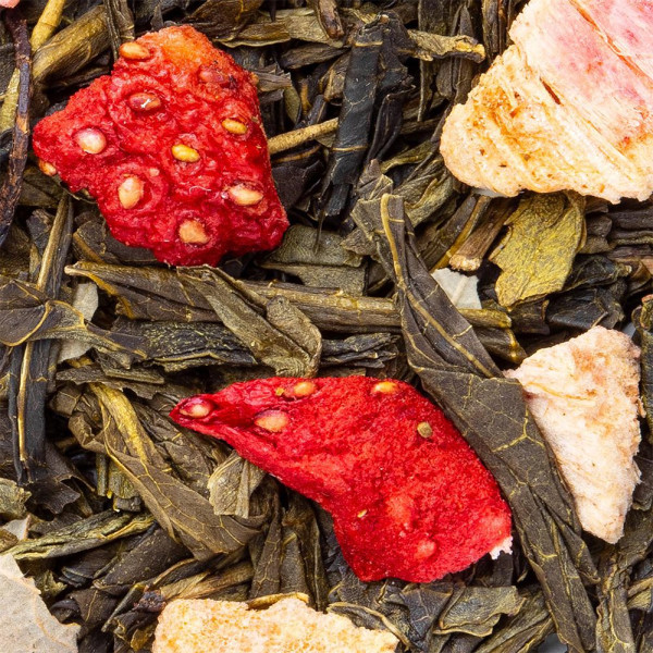 Green tea leaves with dried strawberry pieces and rhubarb