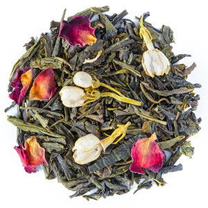 Mengsel van groene thee met rozenblaadjes en jasmijnknoppen voor Nuit à Tokyo infusie