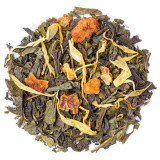 Mengsel van groene thee bladeren stukjes fruit en gele bloemblaadjes voor Céline Cookie infusie