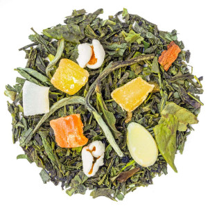 Grüntee-Mischung mit Mandelstücken, Trockenfrüchten und grünen Blättern