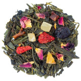 Mengsel van groene thee met stukjes gedroogd fruit, rozenblaadjes en kruiden voor een goed humeur infusie