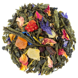 Mengsel van groene thee met stukjes gedroogd fruit, bloemblaadjes en theebladeren Paradis Fruité