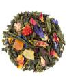 Green tea blend with dried fruit pieces flower petals and tea leaves Fruity Paradise