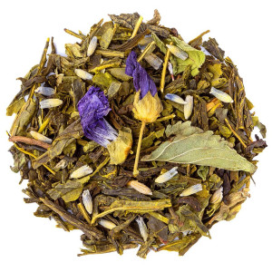 Mischung aus grünem Tee, Lavendelblättern, getrockneten Blüten und aromatischen Kräutern Lavendelvorgarten Thés & Traditions