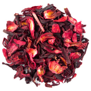 getrocknete Hibiskusblüten für Aufguss mit intensiver roter Färbung und natürlicher Textur