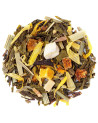 Mango green tea blend with fruit pieces and yellow petals for iced infusion