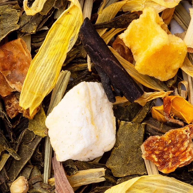 miscela di foglie di tè verde pezzi di mango e fiori essiccati per infusione mango ghiacciato