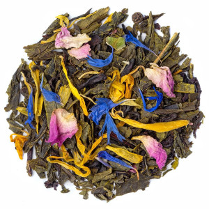 Mischung aus grünem Tee aus Suzhou mit blauen, gelben und rosafarbenen Blütenblättern für aromatische Aufgüsse
