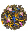 Mischung aus grünem Tee aus Suzhou mit blauen, gelben und rosafarbenen Blütenblättern für aromatische Aufgüsse
