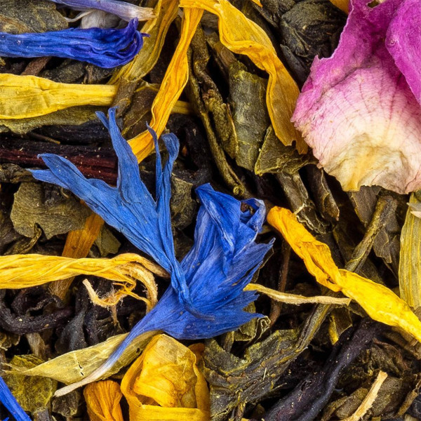 Thé vert Suzhou aux pétales de fleurs bleues jaunes et roses feuilles de thé vert roulées