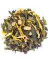 Green tea blend peach leaves caramel pieces and colorful flower petals