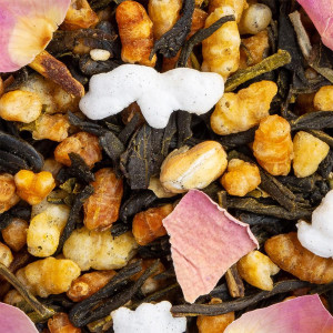 blend of green tea puffed rice grains flower petals for aromatic infusion