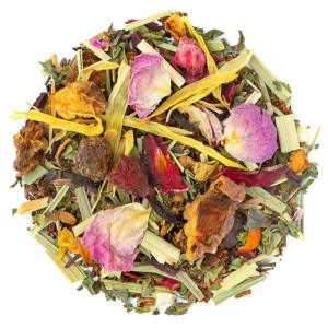 Mischung aus Kräutertee Pfirsich Mojito mit getrockneten Blättern, Blütenblättern und farbigen Fruchtstücken