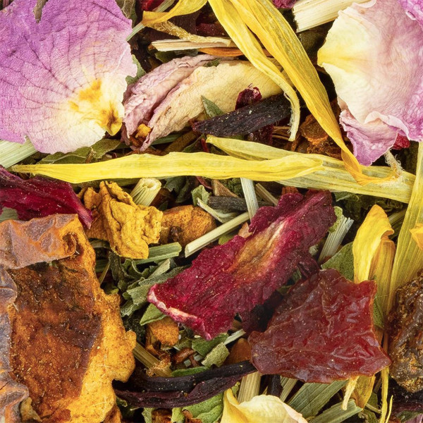 blend of dried plants and flowers for peach mojito herbal tea Thés et Traditions