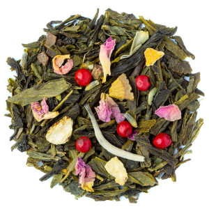 Mischung aus grünem Tee, Blättern, Blüten, Beeren und Zitrusfruchtschalen für aromatische Aufgüsse