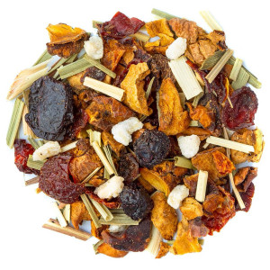 Kräutertee-Mischung aus Heidelbeere und Mirabelle mit getrockneten Fruchtstücken und Kräutern