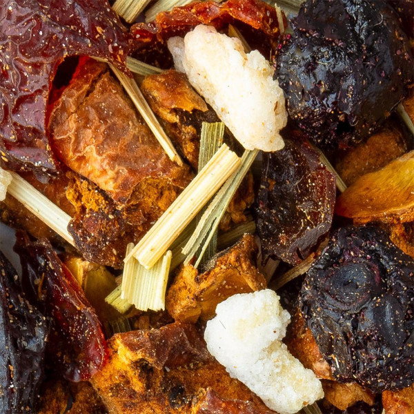 Dried fruit blend blueberry mirabelle plum sugar pieces and herbs for herbal tea