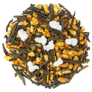 Mischung aus grünem Tee, geblähten Reisblättern und gerösteten Reiskörnern für die Genmaicha-Infusion Yukihime