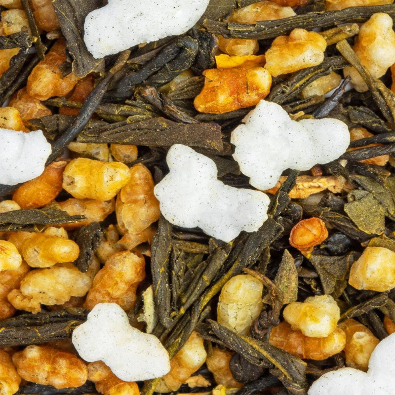 genmaicha yukihime green tea puffed rice grains and green tea leaves