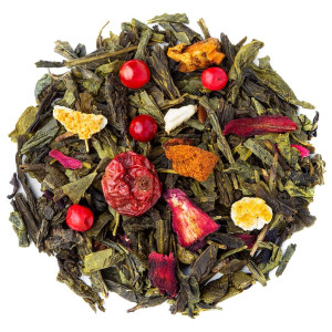 Mischung aus grünem Tee Huashi mit roten Beeren, Zitrusstücken und getrockneten Blüten von Thés & Traditions