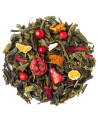 Mischung aus grünem Tee Huashi mit roten Beeren, Zitrusstücken und getrockneten Blüten von Thés & Traditions