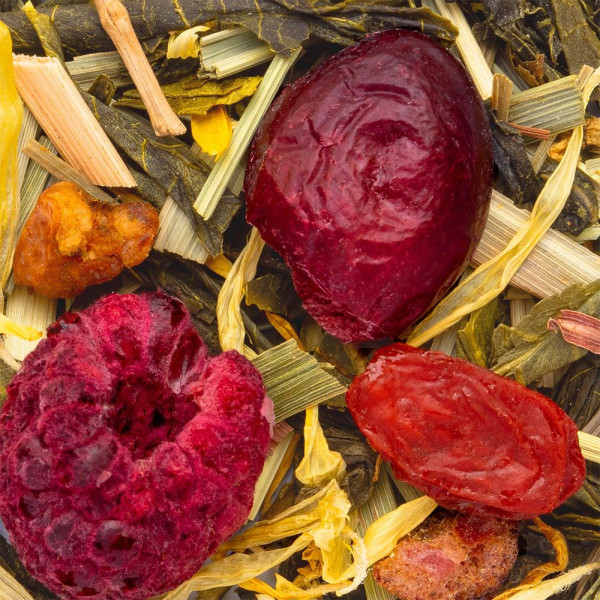 Miscela di tè verde Gaohunao con frutti rossi essiccati e petali gialli