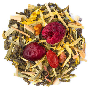 Mischung aus grünem Gaohunao-Tee mit roten Früchten und gelben Blütenblättern von Thés & Traditions
